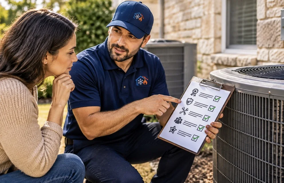 A technician going through a checklist with a homeowner beside an outdoor AC unit