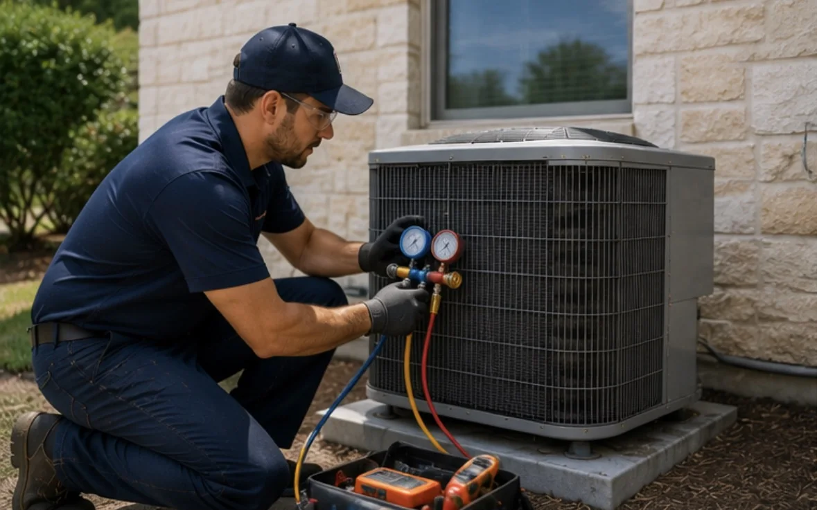A technician checking refrigerant pressures on an outdoor AC condenser beside a stone home