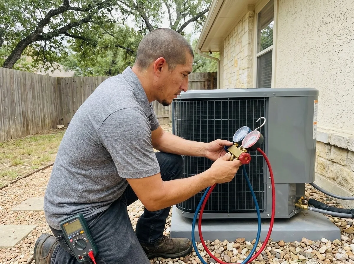 An Alamo Comfort technician checking refrigerant pressures on an air conditioner in San Antonio, TX