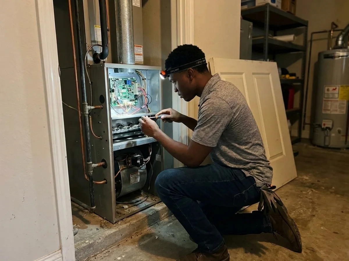 Technician inspecting a furnace in a San Antonio garage