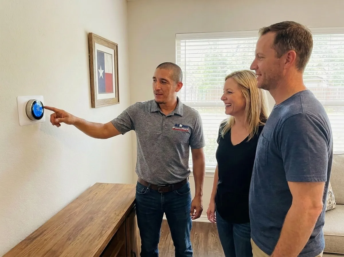 A San Antonio homeowner reviewing options with an Alamo Comfort technician at the thermostat