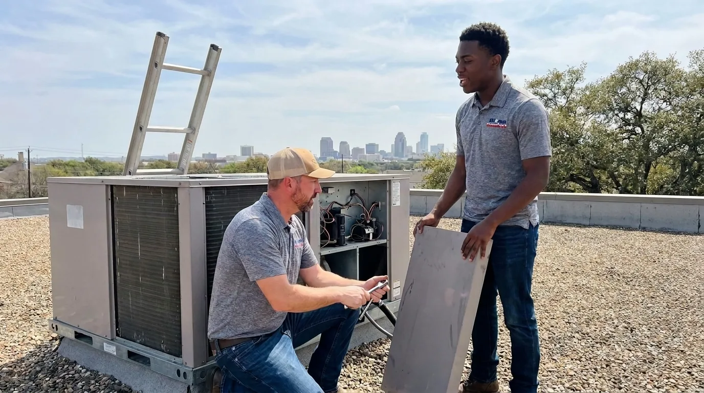 Two Alamo Comfort technicians servicing a rooftop unit in San Antonio