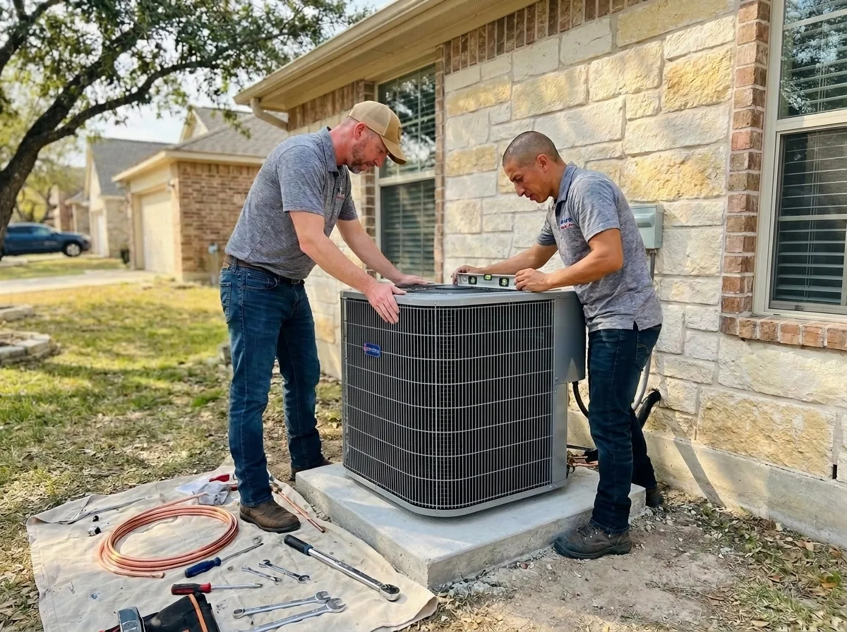 A newly installed air conditioning condenser beside a San Antonio, TX home