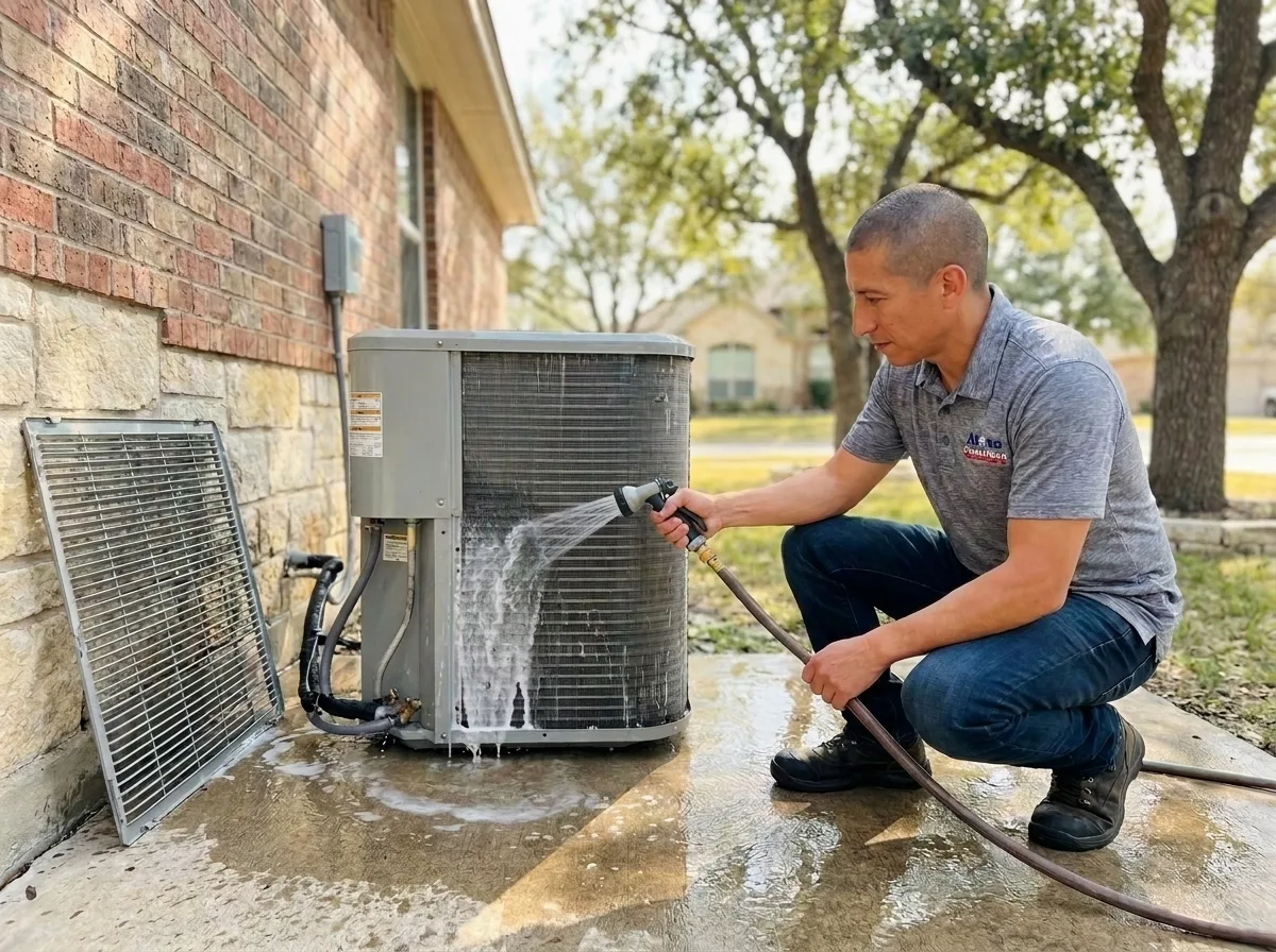 An Alamo Comfort technician cleaning an AC coil during a seasonal tune-up in San Antonio, TX