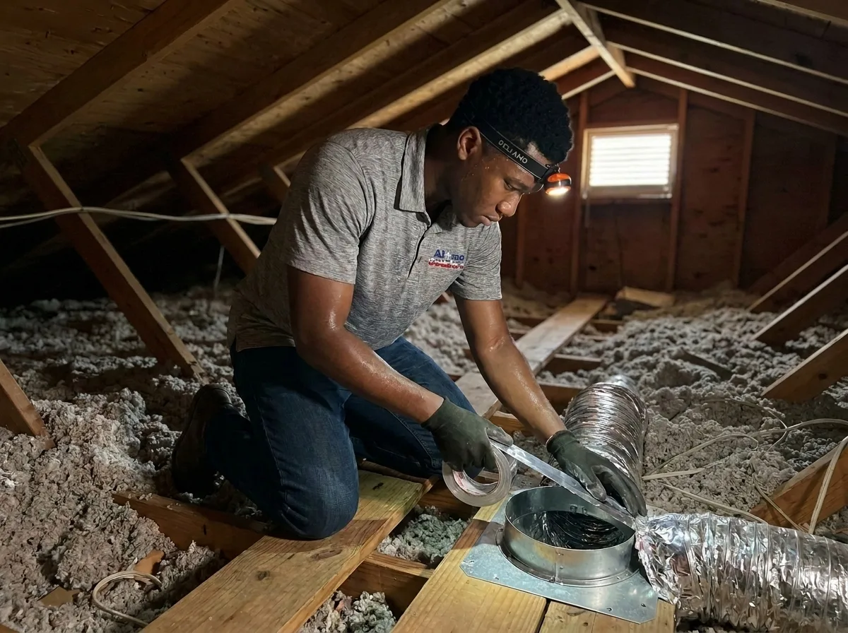 Alamo Comfort technician sealing an attic duct connection in a San Antonio home