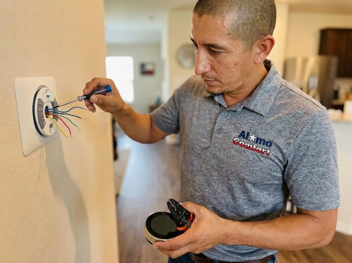 An Alamo Comfort technician testing electrical connections during an AC tune-up in San Antonio, TX