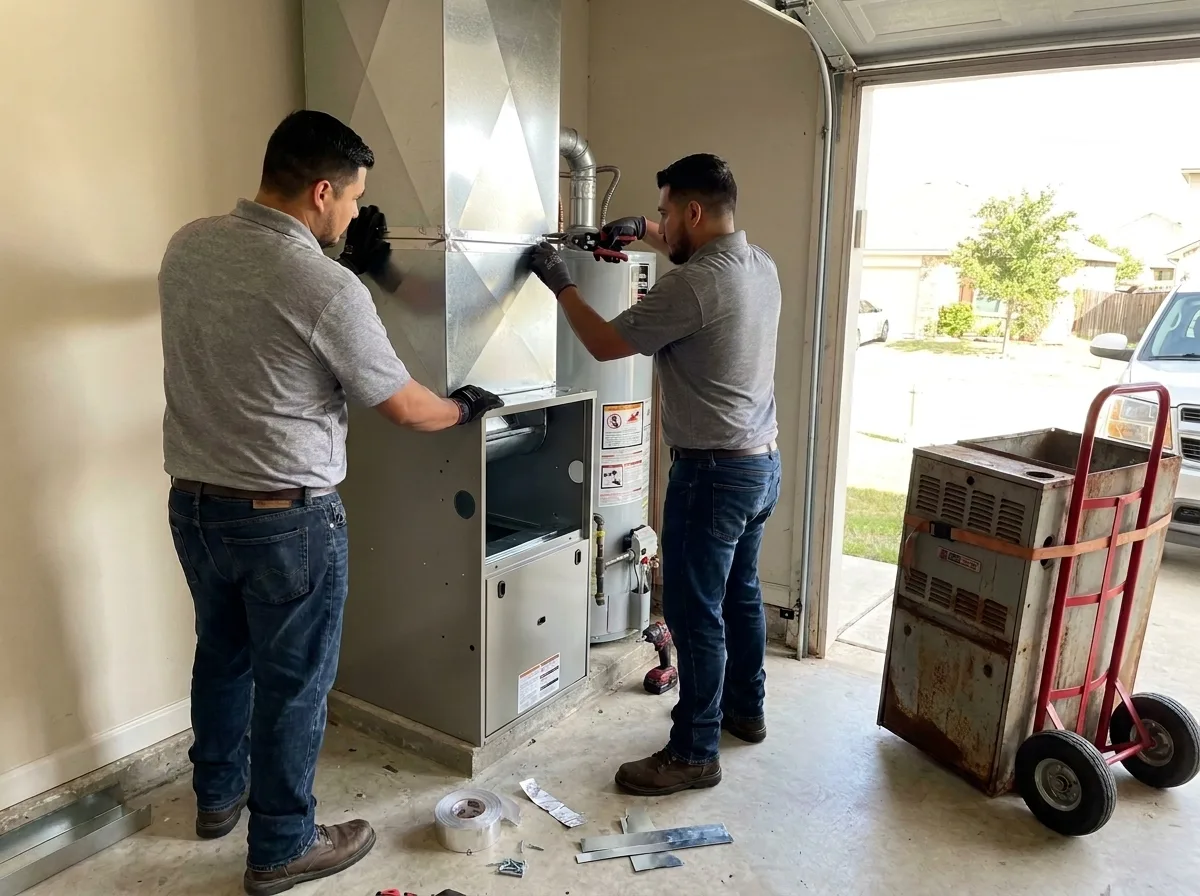 Alamo Comfort crew installing a new furnace at a San Antonio home