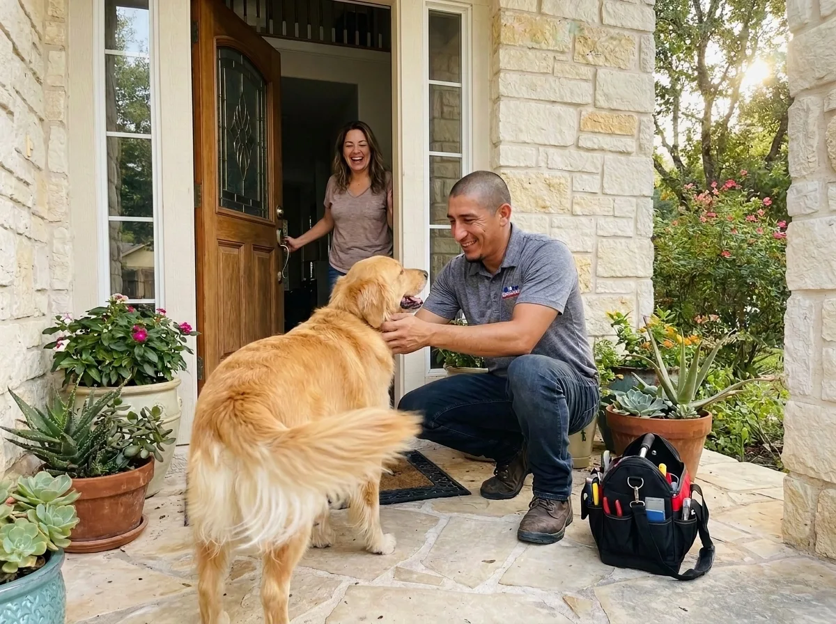 Alamo Comfort technician greeted by a homeowner's dog at the front door in San Antonio, TX