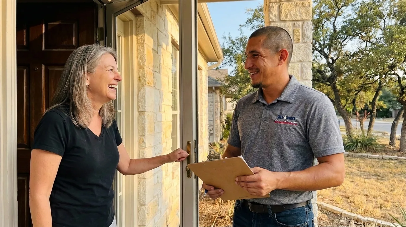 An Alamo Comfort technician greeting a homeowner at the front door in San Antonio, TX