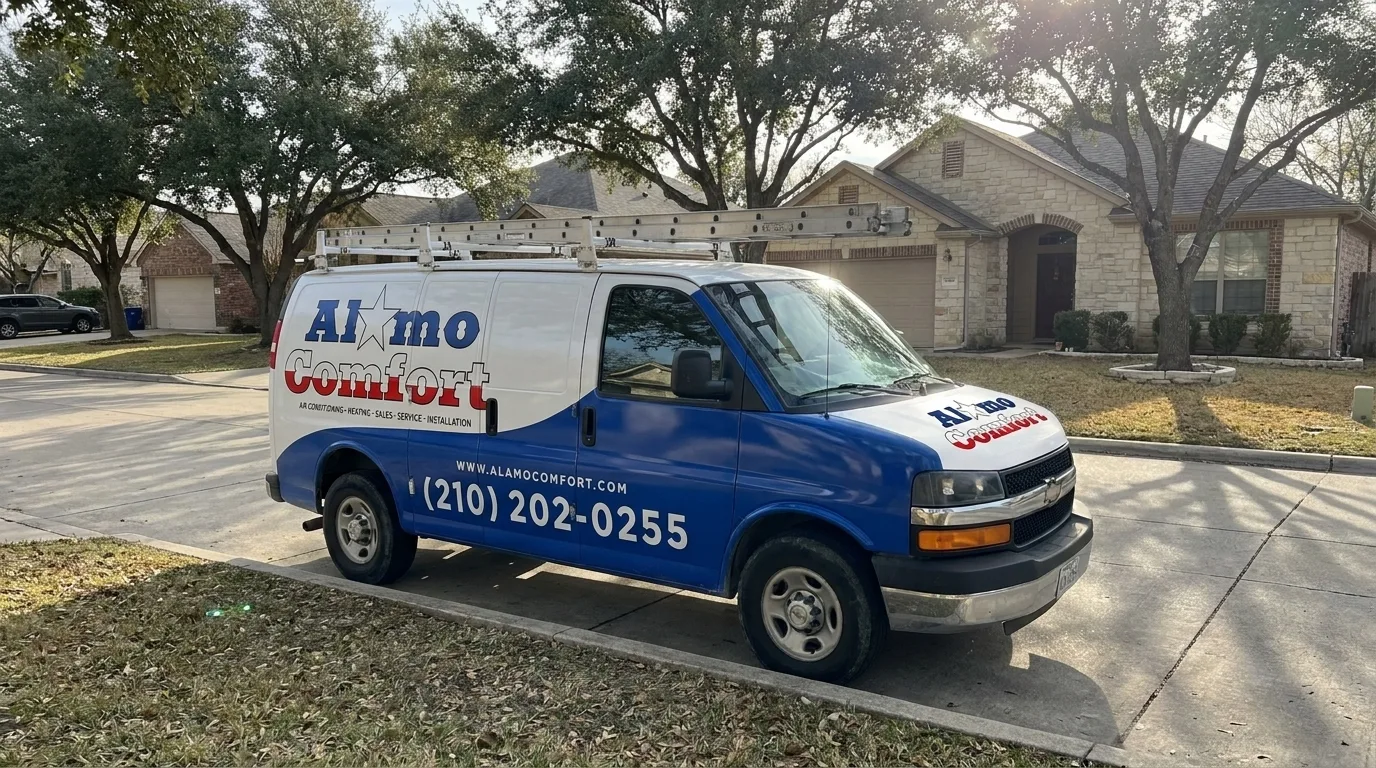 The Alamo Comfort service van parked at a San Antonio curb