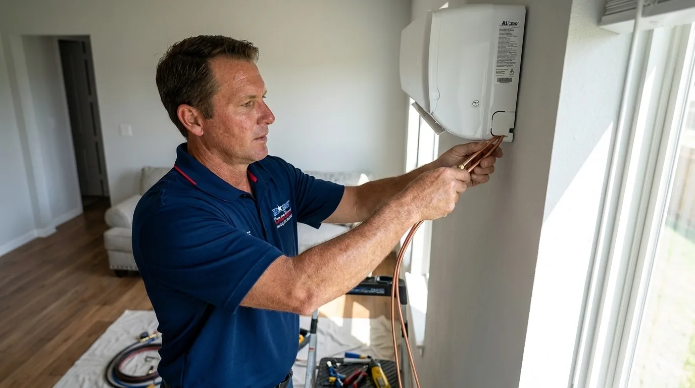 Ductless mini-split head mounted on a wall in a San Antonio home