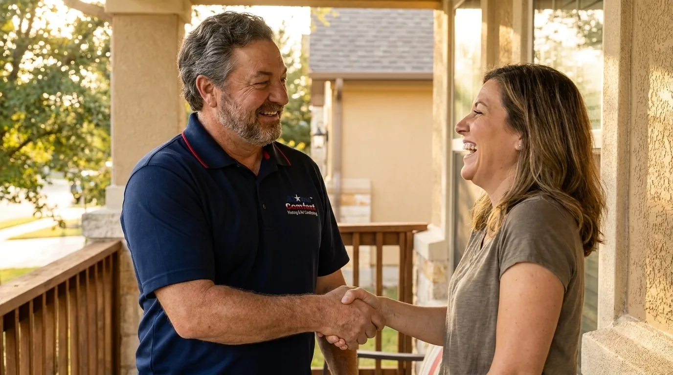 Rusty Hoermann, owner of Alamo Comfort, greeting a homeowner at their front door in San Antonio