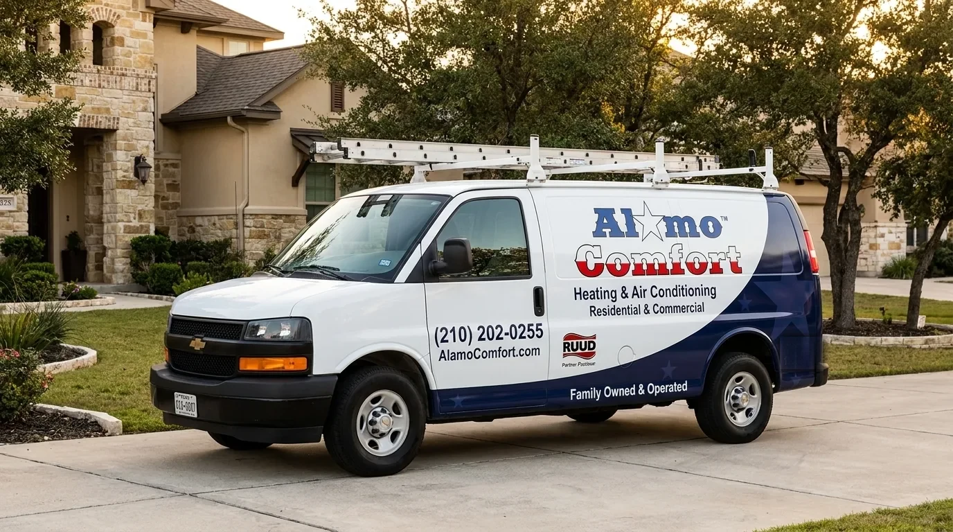 Alamo Comfort van on a San Antonio street at golden hour