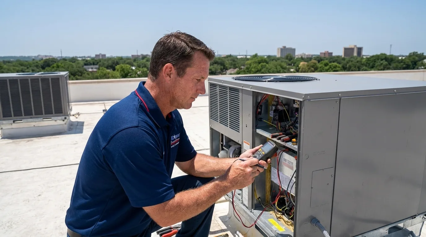 Alamo Comfort technicians servicing a rooftop HVAC unit on a San Antonio storefront