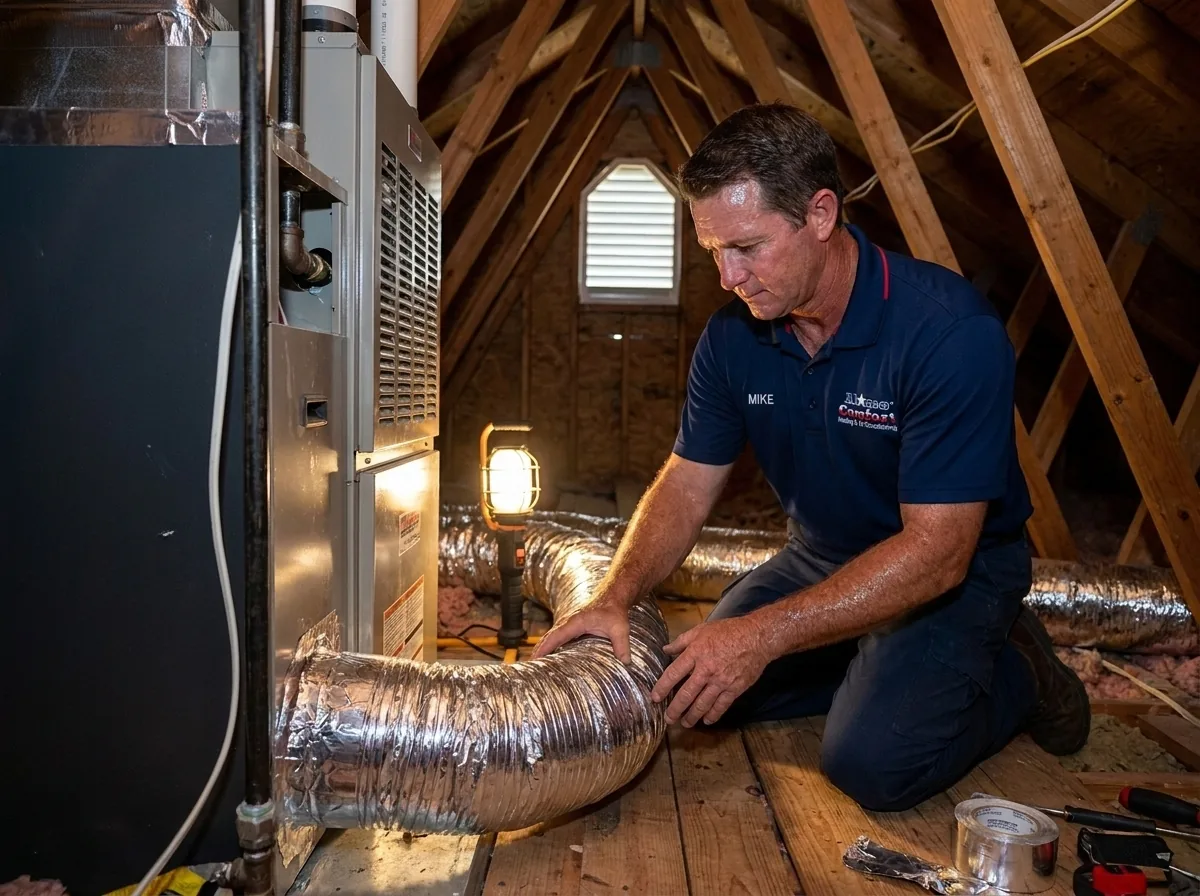 Alamo Comfort technicians installing a furnace in a San Antonio garage