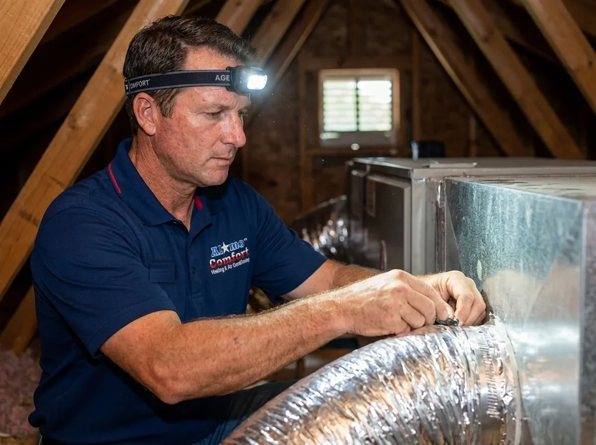 Alamo Comfort technician sealing attic ductwork in a San Antonio home