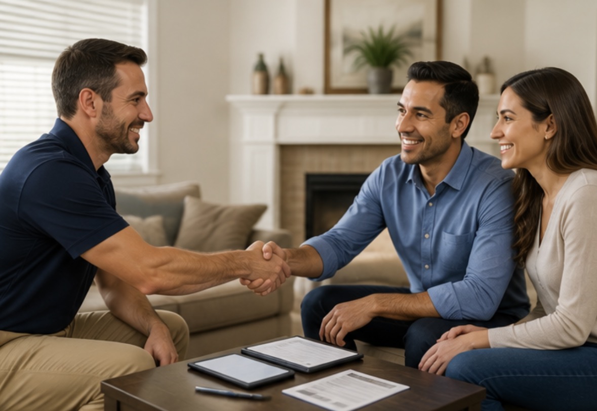 An HVAC contractor shaking hands with homeowners after going over an installation agreement
