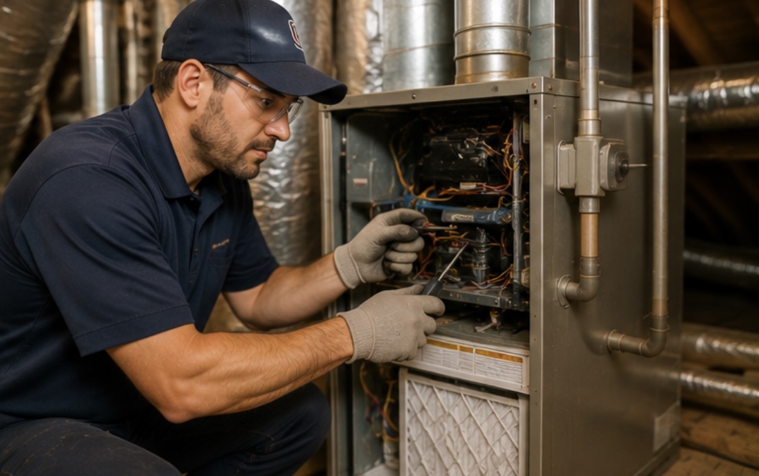 A technician working inside an open furnace and air handler in an attic