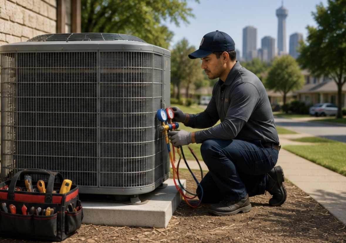 A technician checking refrigerant pressures on an outdoor AC condenser with the San Antonio skyline behind